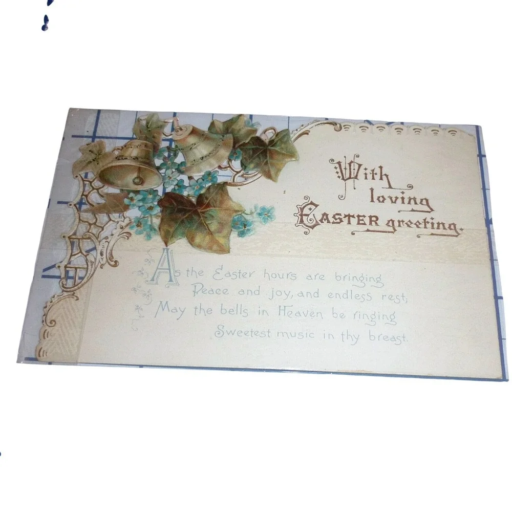 Antique Easter Postcard Embossed Die Cut Bells Ivy Forget Me Nots Unposted 1910s